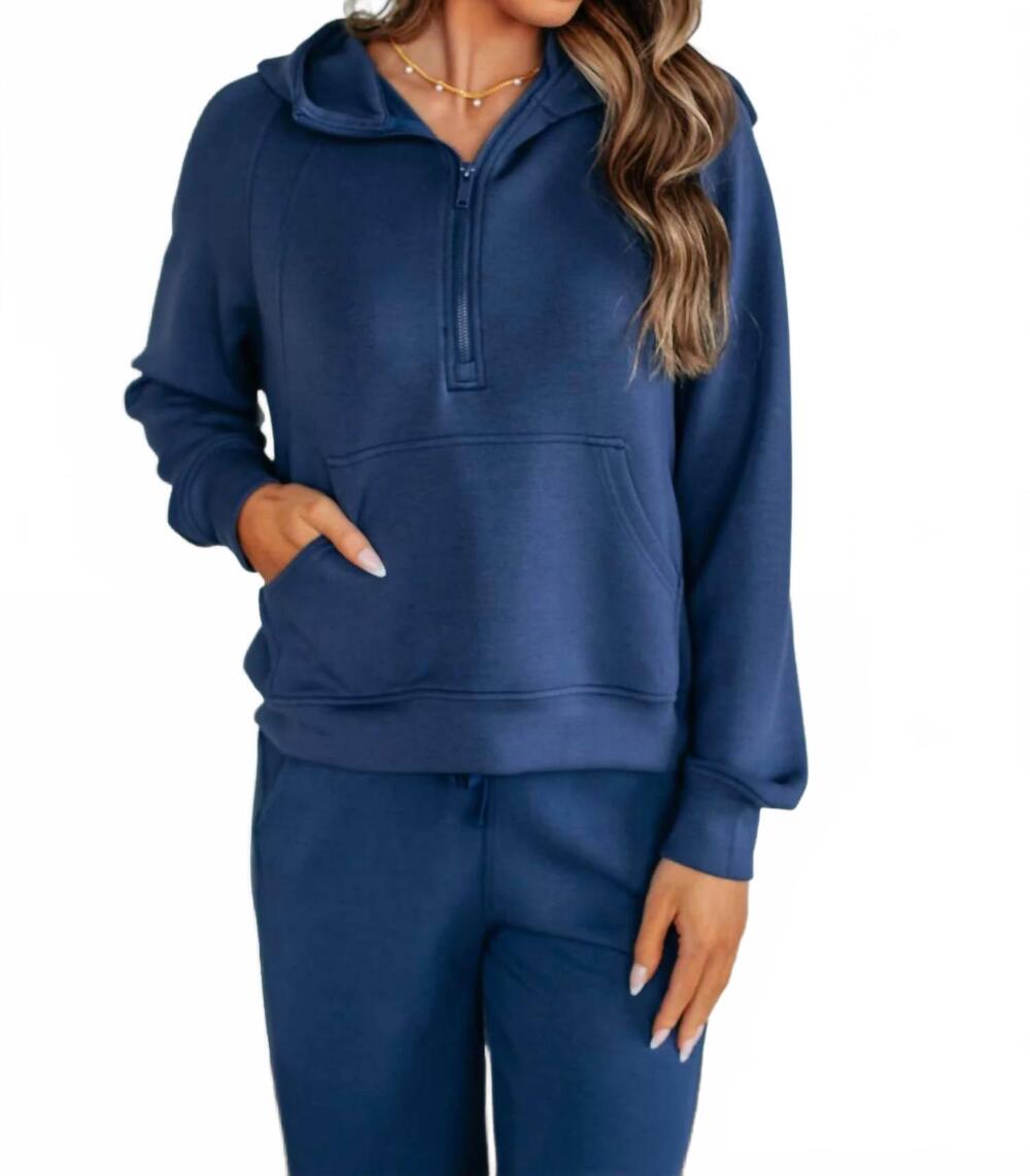 NEW RAE MODE hear me now long sleeve quarter zip hoodie sweatshirt in navy blue